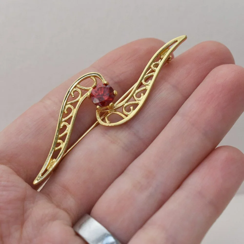 Red crystal brooch gold tone, small fancy rhinestone brooch